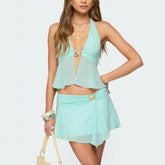 Mesh Halter Neck Metal Buckle Top with Mini Skirt Set